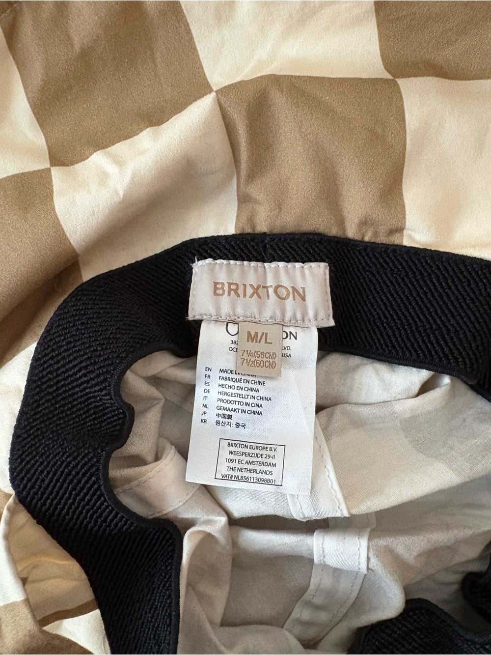 Brixton Beige and Cream Check Sun Hat with Tie - Picture 3 of 3